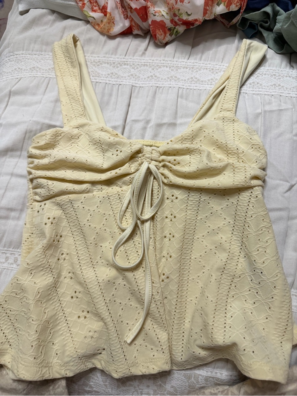 SHEIN Pale Yellow Eyelet Lace Tie-Front Tank Top
